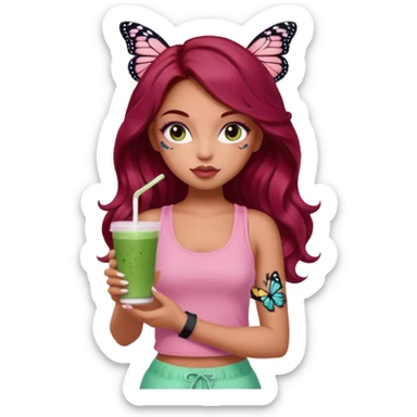 a pretty fair bratz girl with wavy dark red hair, wearing a pink tank top , carrying a matcha . eyeliner on. butterfly tattoo on arm sticker