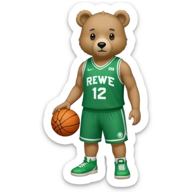 Bear with full body and wearing basketball green and white  jersey that says RWE  sticker