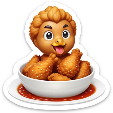 Korean Fried Chicken Cinematic Realistic Korean Fried Chicken Dish Emoji, depicted as bite-sized chicken chunks generously coated in a glossy, spicy sauce, in a bowl. sticker