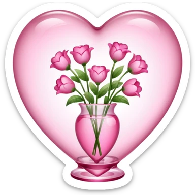 transparent vase in the shape of a pink heart filled with pink heart-shaped flowers sticker