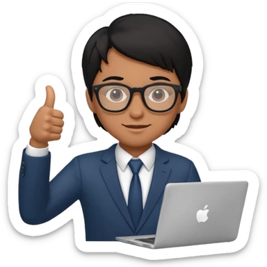 un estudiante con lentes y su laptop CON TERNO Y CABELLO NEGRO,   DANDO LIKE sticker