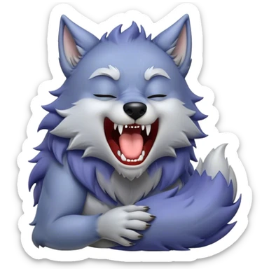 Cinematic Cute Yawning Werewolf Portrait Emoji, with a cuddly, miniature lupine form in soft moonlit grays and silvers, head leaning back in a big, adorable yawn that reveals a few fuzzy teeth, simplified yet irresistibly charming, highly detailed with a soft glowing outline that captures the drowsy, playful essence of a werewolf mid-nap! sticker