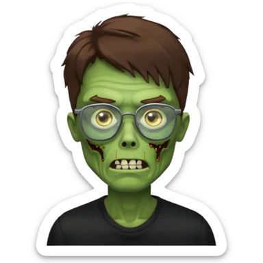 Green zombie, brown hair, black glasses, black shirt. iOS style. sticker