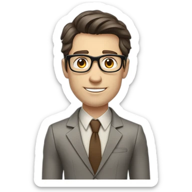 Pale skinned fit man teacher with dark brown hair in gray jacket, beige office shirt, brown tie, brown pants and vintage glasses Writing on the marker board sticker