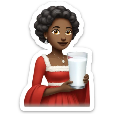 A woman wearing a red dress with white fluff on the hem, holding a fancy glass filled with milk sticker