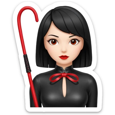 madam with straight bob black hairstyle in black latex with red whip in hand sticker