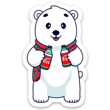 polar bear in a colorful Hawaiian shirt with Coke bottle pattern, sipping Coca-Cola sticker