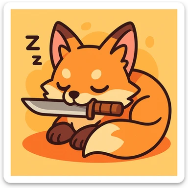 a sleeping fox kitsune with a knife in his mouth, cartoon style, soft colors sticker