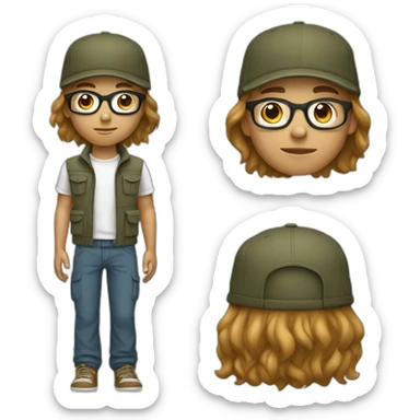 smooth hair,young boy with long hair and cap and Cargo pants and have glasses sticker