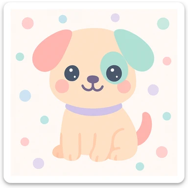 {
  "style_description": {
    "overall_look": "Cute, minimal, and soft with a friendly and playful tone",
    "material_simulation": {
      "primary_material": "flat digital color",
      "texture_detail": "smooth surfaces with no texture or shading",
      "pattern": "none or very simple decorative accents (e.g., hearts, stars)"
    },
    "geometry": {
      "edge_style": "rounded, soft curves with no sharp angles",
      "dimensionality": "flat two-dimensional appearance with simple shapes"
    },
    "color_palette": {
      "scheme": "pastel and light tones",
      "preferred_colors": ["pink", "mint", "lavender", "baby blue", "peach"],
      "contrast": "low contrast with bright accents"
    },
    "facial_features": {
      "eyes": "large, sparkly, often oval or circular",
      "mouth": "small, often a simple curve or dot",
      "expression": "joyful, innocent, or calm"
    },
    "lighting": {
      "type": "none or implied with soft highlights",
      "purpose": "maintain a clean and cheerful look"
    },
    "render_constraints": {
      "avoid": ["realistic shading", "high detail", "dark themes", "texture noise"],
      "focus_on": ["cute expression", "iconic simplicity", "emotional warmth"]
    },
    "background": {
      "color": "white or soft pastel",
      "style": "plain or patterned with simple icons (e.g., polka dots, stars)",
      "lighting_consistency": "no shadows, evenly lit feel"
    }
  }
}

{subject} = dog sticker