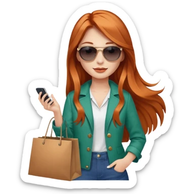 Mujer joven con cabello largo cobrizo gafas de sol vestida a la moda con bolsas de compras sticker