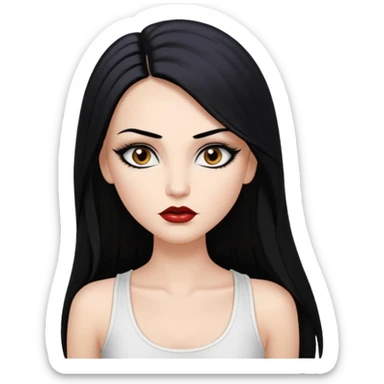White woman with a white tank top long black hair glossy middle part straight long hair vamp look  brown eyes eyeliner winged with lashes top and bottom white border big lips black eyebrows sticker