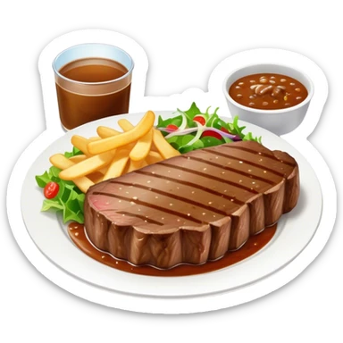 big juicy australian steak meal featuring chips, small salad in a ramiken and gravy  sticker