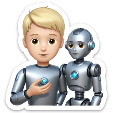 the kid play with him robot toy sticker