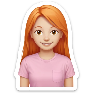 The girl with long orange hair is very happy. Make the girl similar with the reference picture. Change her sweat. Make it pastel pink t-shirt. sticker