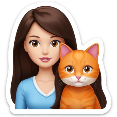 White Barbie girl dark brown long hair with British orange kitty sticker
