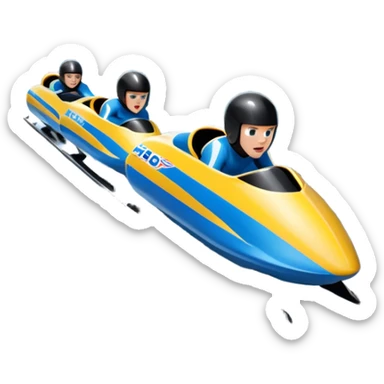 An icon featuring a sleek bobsled with athletes racing down an icy track at high speed, helmets on and bodies aligned for aerodynamics. The scene is set in a stunning snowy mountain valley with pine trees, spectators, and crisp blue sky. Transparent background captures the thrill of bobsleigh. sticker