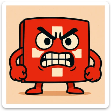 an angry Swiss flag with furrowed brows and clenched teeth, vibrant toon style sticker