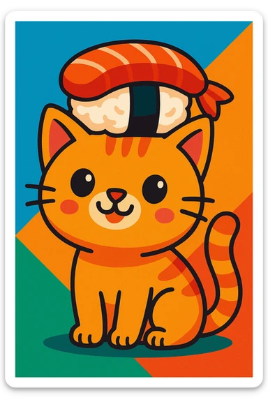 cute and cartoonish cat with a sushi hat, colorful and playful sticker