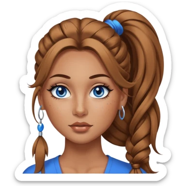 Attractive Woman with tan skin, baddie style, blue eyes, wide face, freckles, and a long voluminous ponytail and dark eye makeup sticker