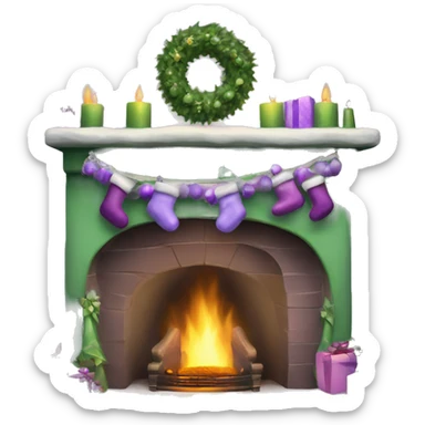 Realistic decorated green and lilac Christmas fireplace sticker