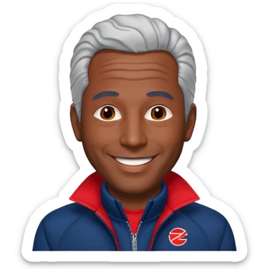 Jeffery Epstein with dark blue jacket and red logo  sticker