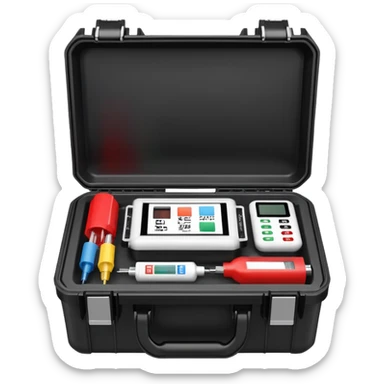 An open black hard-shell test case. inside: technical control handy, a power outlet, USB port, and colored test sockets. A large roll of white test labels with qrcode lies next to the equipment, along with one red test probe. sticker
