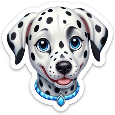 Cinematic Comical Harlequin Dalmatian Portrait Emoji, Head tilted dramatically with an exaggeratedly shocked or amused expression, featuring a striking Fur of predominantly white with vivid black patches, wide, expressive blue eyes filled with playful disbelief, Simplified yet hilariously expressive features, highly detailed, glowing with a slightly sassy glow, high shine, dramatic yet playful, stylized with an air of cheeky charm, bright and endearing, soft glowing outline, capturing the essence of a spirited and over-the-top guardian, so meme-worthy it feels like it could side-eye its way into internet fame instantly! sticker