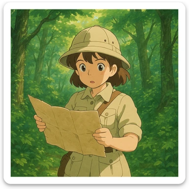 Ghibli-style explorer girl looking at a map in a lush forest sticker