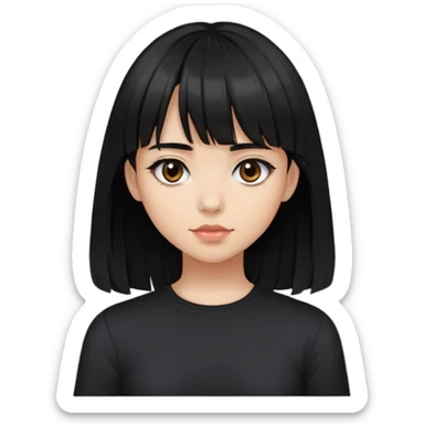 Make ai emoji of a girl with shoulder-length black hair, bangs, and very dark brown eyes. I want her wearing a black shirt. sticker