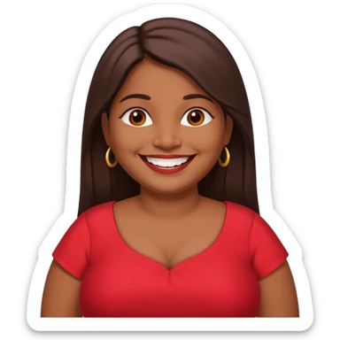 50 yr old chubby Sri Lankan woman, dark skin, straight brown hair, big smile, white teeth, red dress clothes, longer hair straight sticker