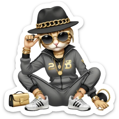 female cat dressed like Run DMC in tracksuit, fedora, Adidas shoes, dark sunglasses, lots of gold chains, rings, bracelets, earrings, lying on the ground after falling, distressed sticker