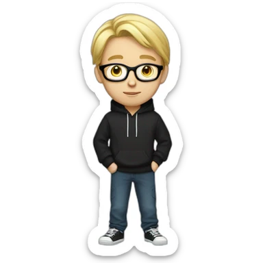 realistic thin white teenager with blond hair.  He is cross-eyed and wears black glasses.  He is also wearing a white hooded sweatshirt.  he has black eyes and a long face. sticker