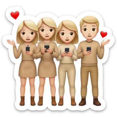 4 white girls and 2 white boys in beige clothes are playing sticker