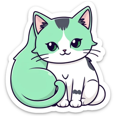 White fluffy cat jade green eyes -  long hair black cat with grey eyes - cuddling together sticker
