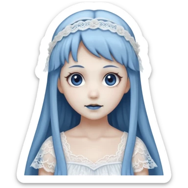 Beautiful ethereal pastel Gorgeous spectral dark greyish-blue whitish gloomy spectral Anime Poltergeist Lady  with a beautiful white silky lace dress with a silky lace head band sticker