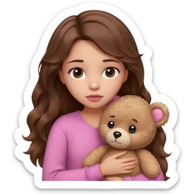 girl with long wavy brown hair, brown eyes, light to medium complexion, in a pink shirt, pink lips, long lashes, sad, hugging a teddy bear with a  heart sticker