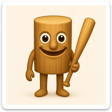 Make the character less human and more like a wooden stump, with a face that closely matches the reference image: large round eyes, wide unsettling smile, and minimal human features. Keep arms and legs, holding a baseball bat. Render in emoji style. sticker