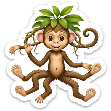 A whimsical character with human feet, tangled plant roots as legs, and a smiling monkey head sticker
