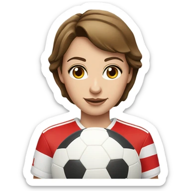 Pretty white woman with short brown hair holding a soccer ball and wearing an Arsenal jersey sticker