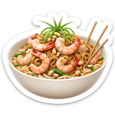 Cinematic Realistic Pad Thai Dish Emoji, depicted as stir-fried rice noodles with shrimp, tofu, peanuts, and bean sprouts rendered with vibrant textures and dynamic, appetizing lighting. sticker