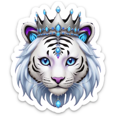 ESO Female white/black tiger khajiit leader of the umbral rose, glowing blue eyes, glowing blue 'third eye' gem, black beaded dreadlocks; silver crown/tiara with purple gems sticker