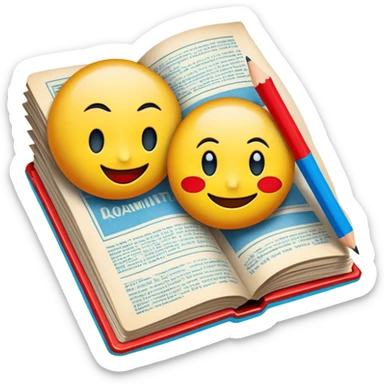 Create a vibrant emoji, representing comic books and graphic novels as an art form. The design should feature a large, opened comic book with vintage comic panels on the pages. Include a pencil (without a hand), writing text or sketching on the pages. The comic panels should have bold lines and retro-style artwork with classic comic book visuals. Use bright, energetic colors like red, yellow, and blue to evoke excitement and creativity. The overall design should feel dynamic, vintage, and artistic. Make the background transparent. sticker