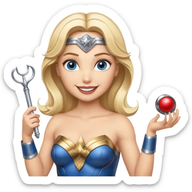 Blonde blue eyed Wonder Woman holding white orchestra conductor’s baton and bell sticker