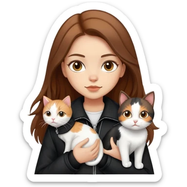 Light-skinned girl with brown hair wearing black jacket with white cat and calico cat sticker