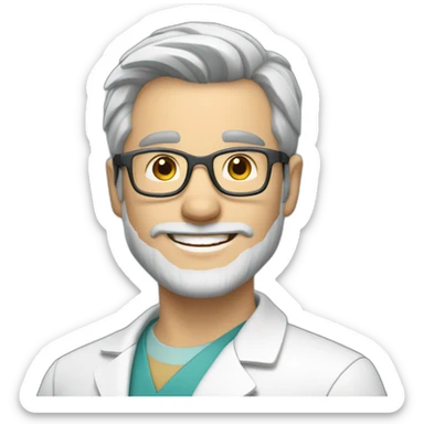 mid size man doctor, white skin, short grey beard, white and grey short hair, glasses, smiling, sticker