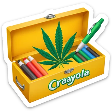 a box of crayola permanent markers with cannabis leaf sticker