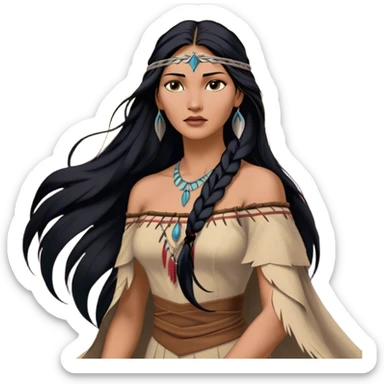 Cinematic Realistic Pocahontas Portrait, depicted with lifelike skin texture, soft natural lighting, and intricately detailed long, flowing raven-black hair that moves gracefully in the wind. Her deep, soulful dark brown eyes exude wisdom and strength, complemented by a serene yet powerful expression. She is dressed in her classic one-shoulder native american dress, with rich fabric textures and delicate beaded details that catch the light beautifully. The portrait features a soft, sun-kissed glow with a natural, radiant finish, capturing the essence of untamed beauty and deep connection to nature in a realistic and painterly style, evoking a sense of depth and authenticity. sticker