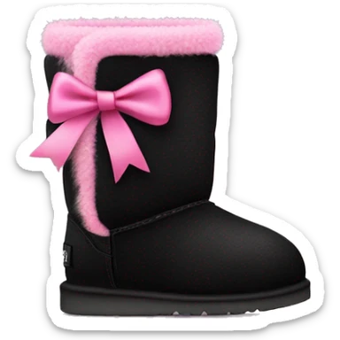 Realistic black Ugg fur boots with pink ribbon bows and stitching isolated.  sticker