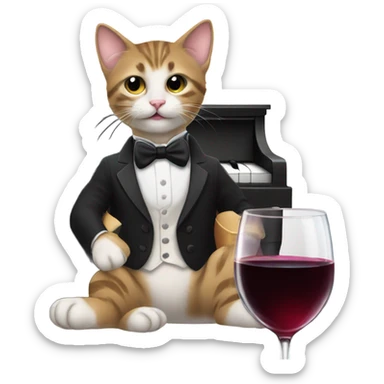 kitten playing piano in a tuxedo while drinking wine sticker